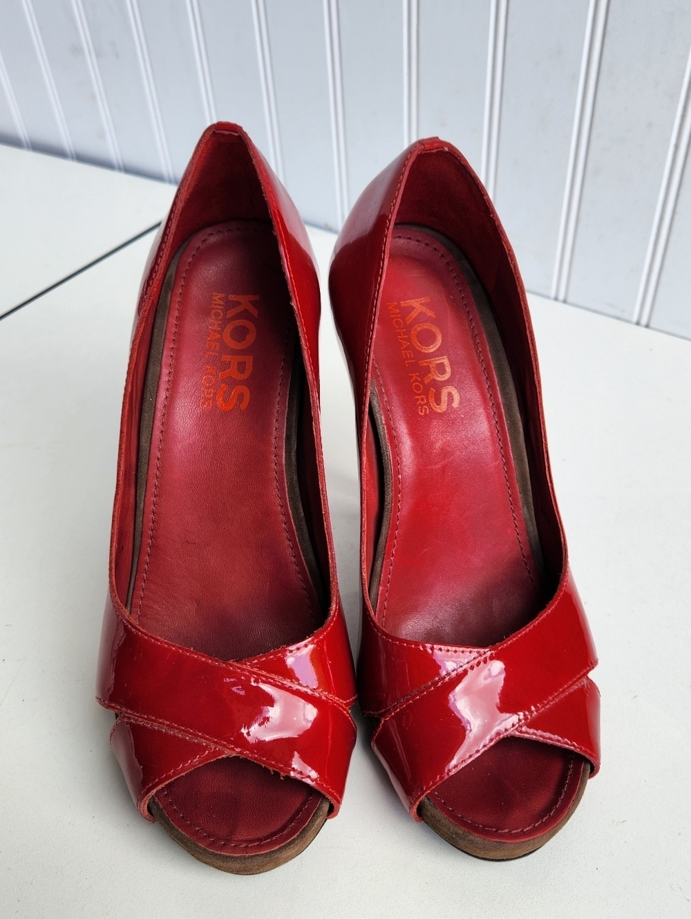 MICHAEL Michael Kors heels , RED Patent, Peep Toe High Heels size 7 M